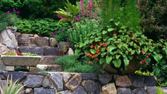 Garden containers and stone walls in Westchester County